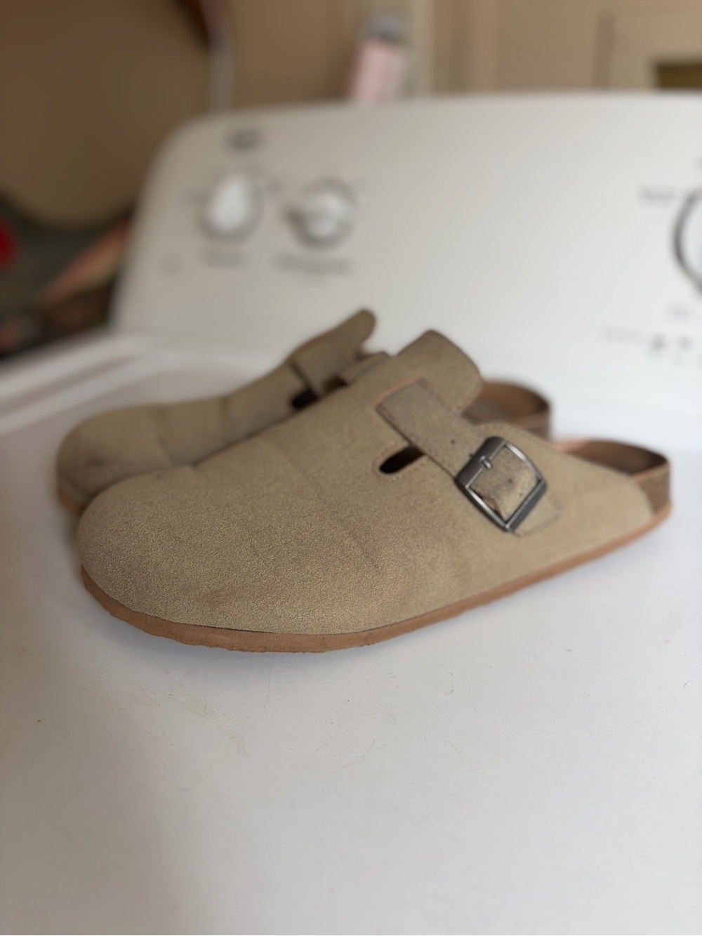 Suede Buckle Slip-On Clog in Taupe